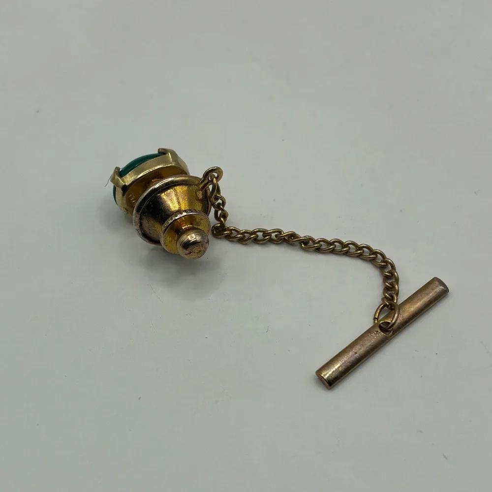 Vintage Gold Tone Green Cabochon Tie Tack with Security Chain and T-Bar Pin